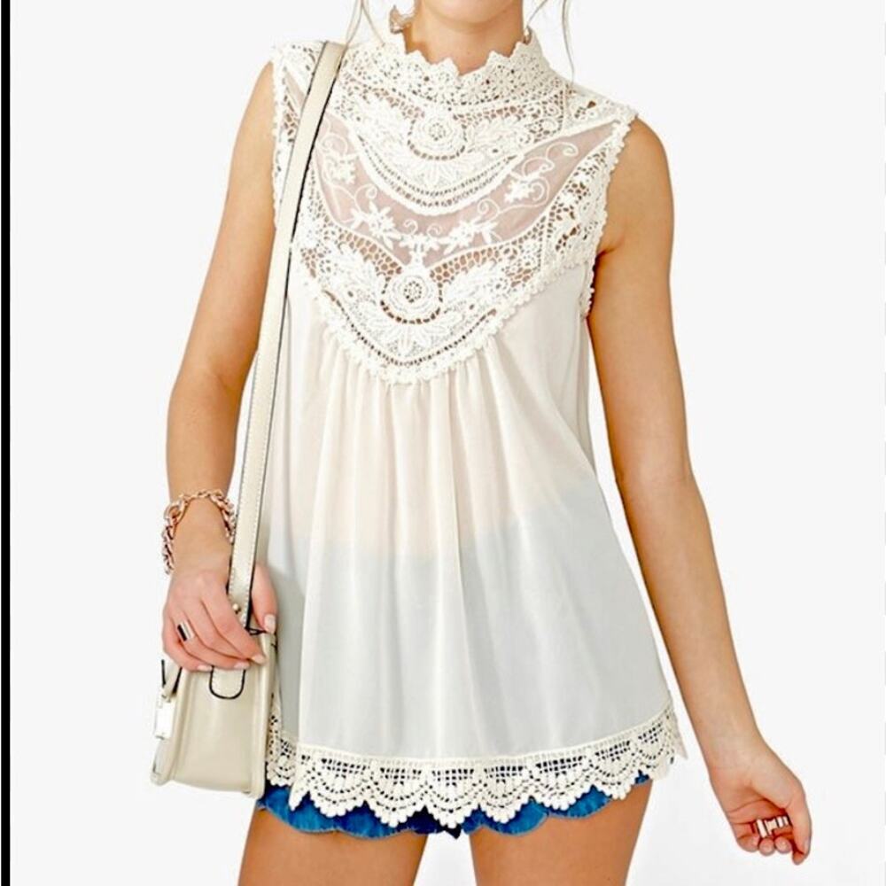 Boho Chic Crochet Lace Sheer Cottage Sleeveless Festival Coastal Cream Top MED - Picture 1 of 10